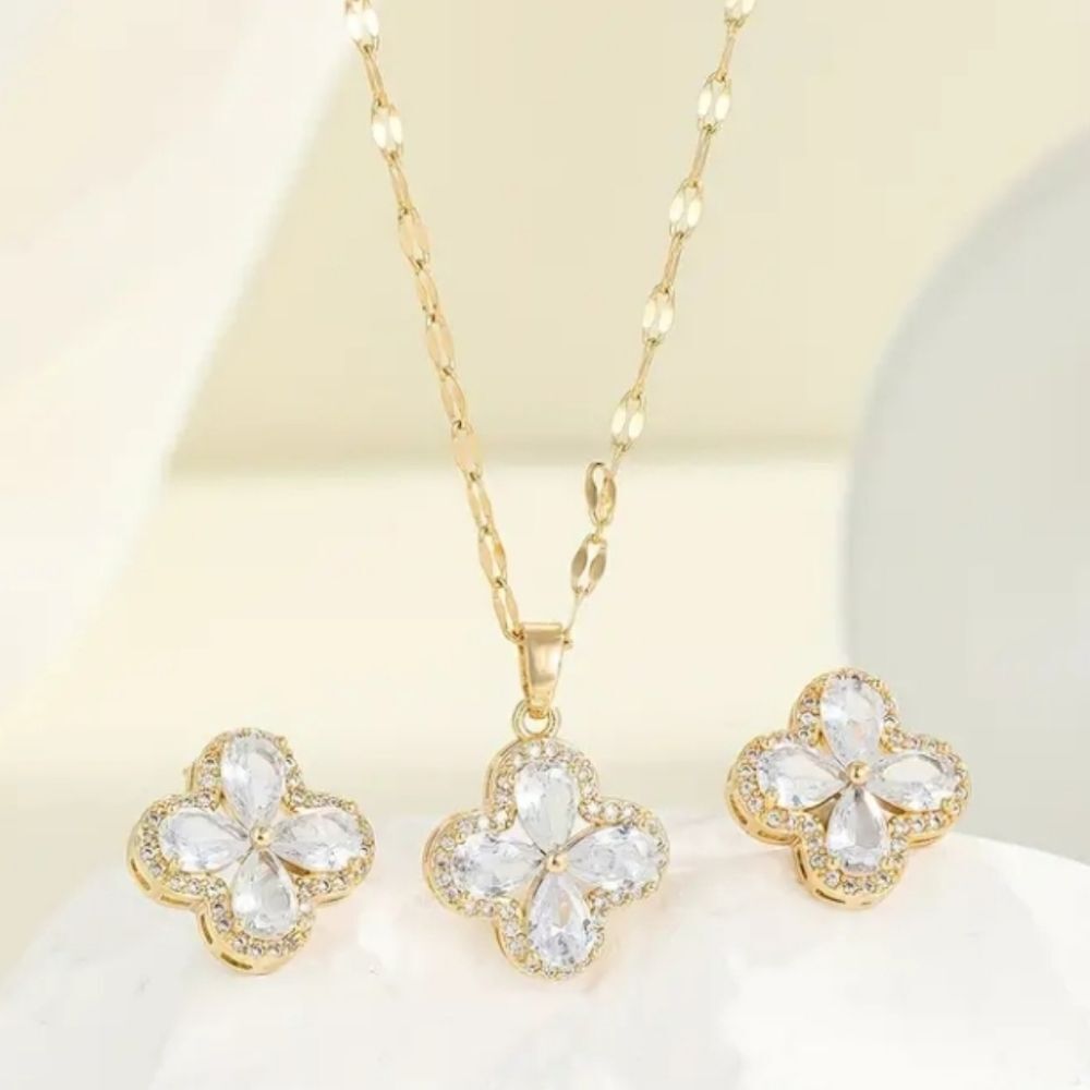 Gold Diamond Clover Necklace & Earring Set
